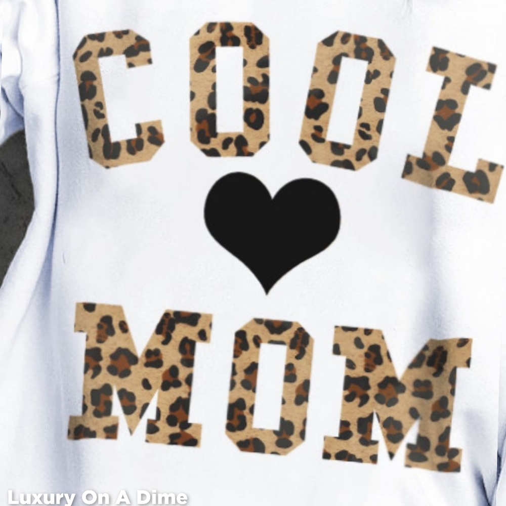 Leopard COOL MOM Heart Graphic Top Long-sleeve Pullover Casual Sweatshirt - Picture 2 of 5